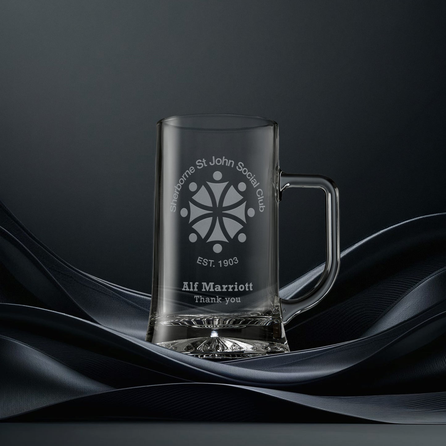 Engraved glass tankard with corporate logo, name and personalised message