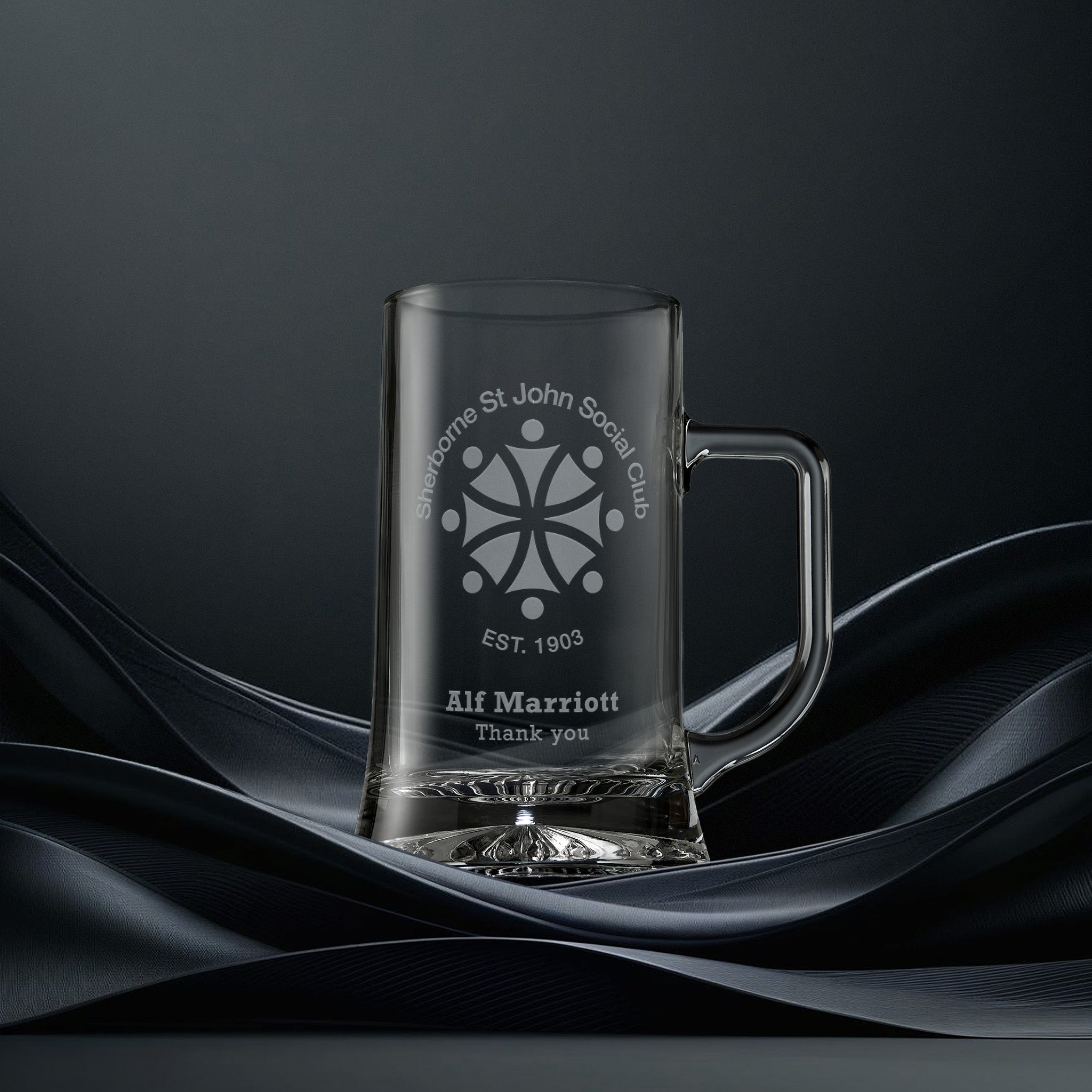 Engraved glass tankard with corporate logo, name and personalised message