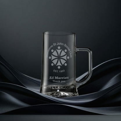Engraved glass tankard with corporate logo, name and personalised message