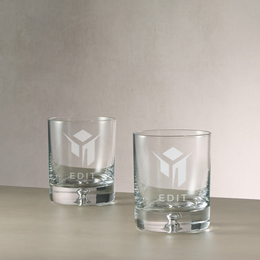 Pair of bespoke branded whisky glasses engraved with corporate logo