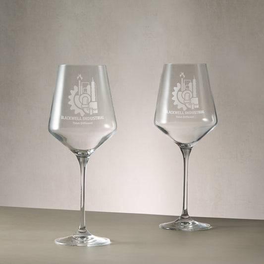 Pair of bespoke engraved wine glasses featuring a  corporate logo and inscription