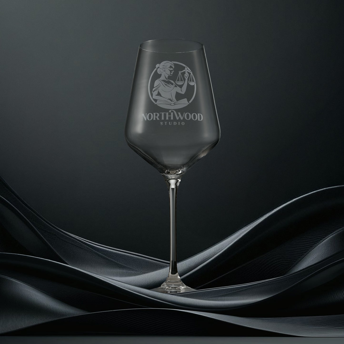 Engraved wine glass with corporate logo and personalised text