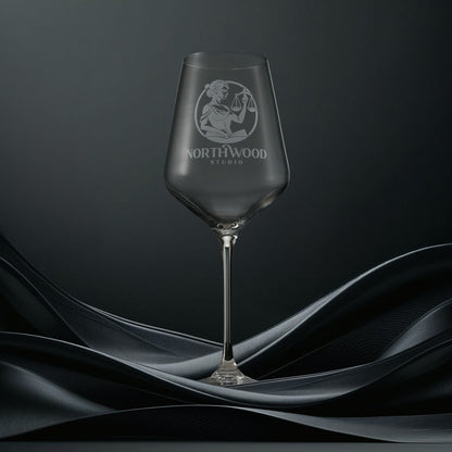 Engraved wine glass with corporate logo and personalised text