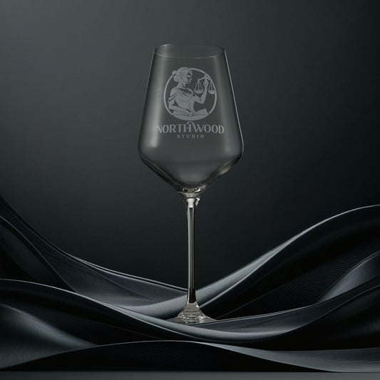 Engraved wine glass with corporate logo and personalised text