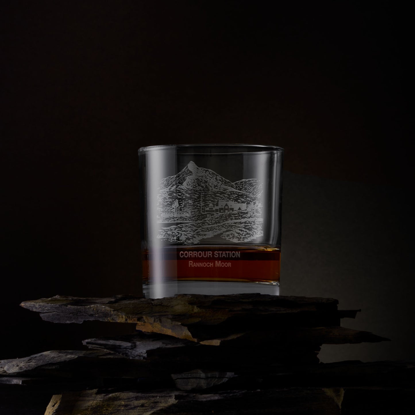 Engraved whisky glass with Corrour Station and train illustration