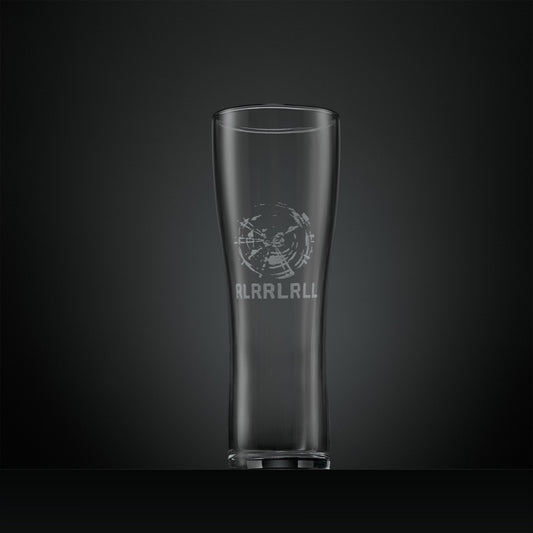 Hand engraved pint glass featuring a paradiddle standing wave pattern inspired by a vibrating drumhead