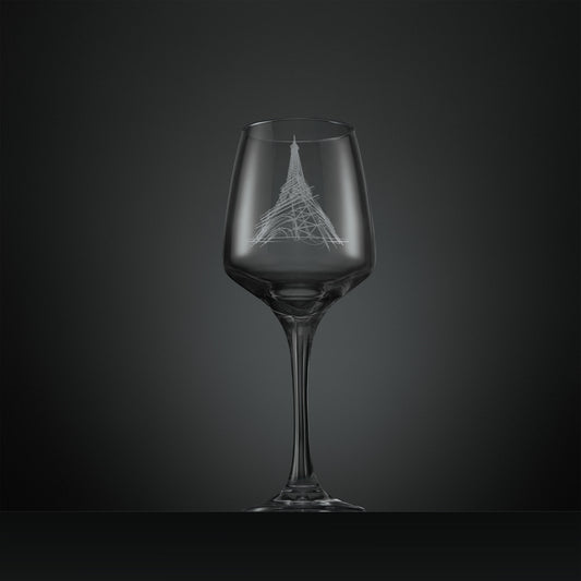 Engraved wine glass featuring an architectural study of the Eiffel Tower in Paris