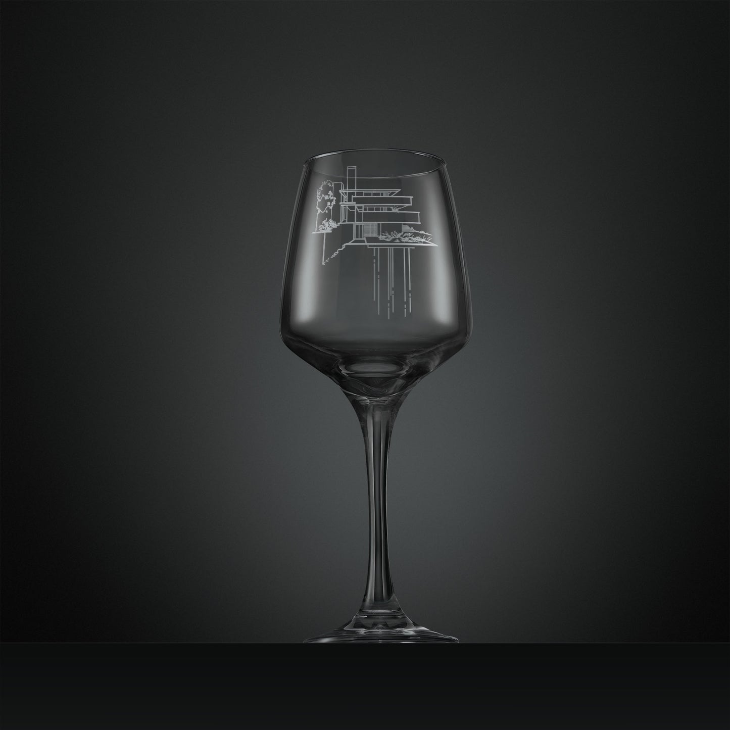 Engraved wine glass featuring an architectural study of Falling Water