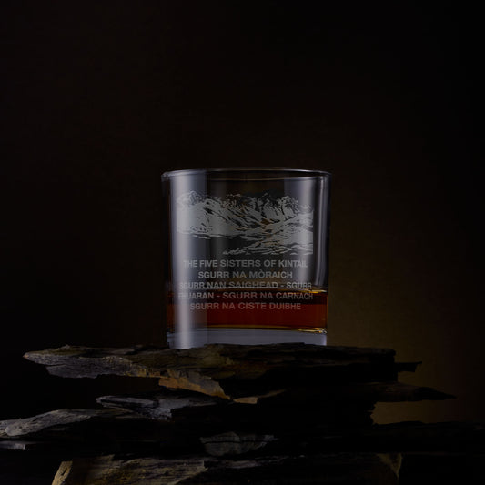 Engraved whisky glass with five sisters Kintail illustration