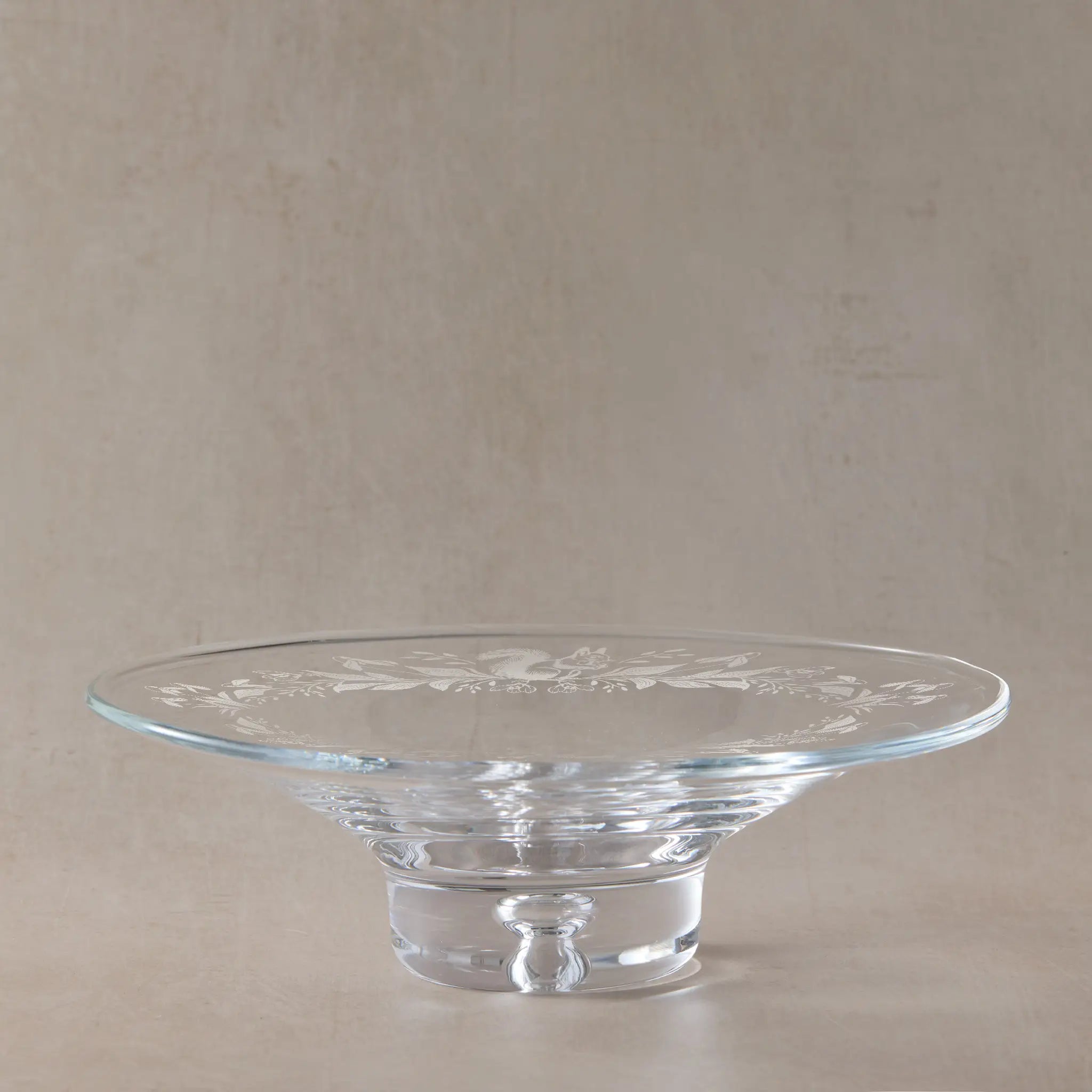 Engraved glass shallow presentation bowl with floral and British mammal illustration