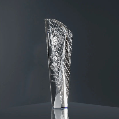 Engraved optical crystal glass shard award featuring football-themed graphics, team logos and personalised text