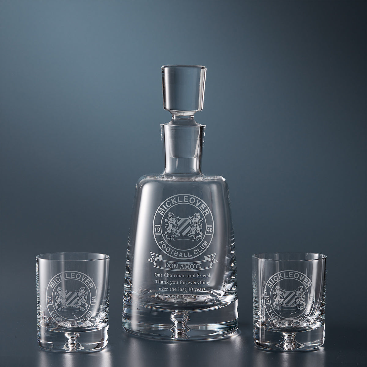 Chairmans Glass decanter and two whisky glasses with engraved logo design and inscription