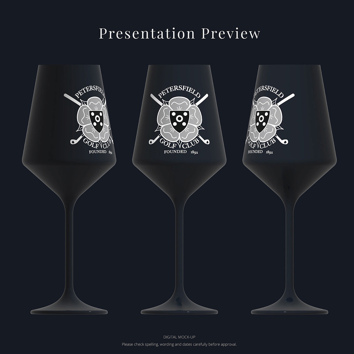 A digital layout showing the proposed engraving of a golf club logo on a wine glass