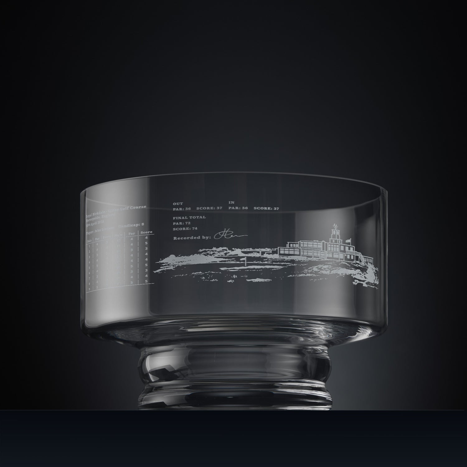 Engraved Captains Day presentation bowl featuring a golf clubhouse and personalised scorecard