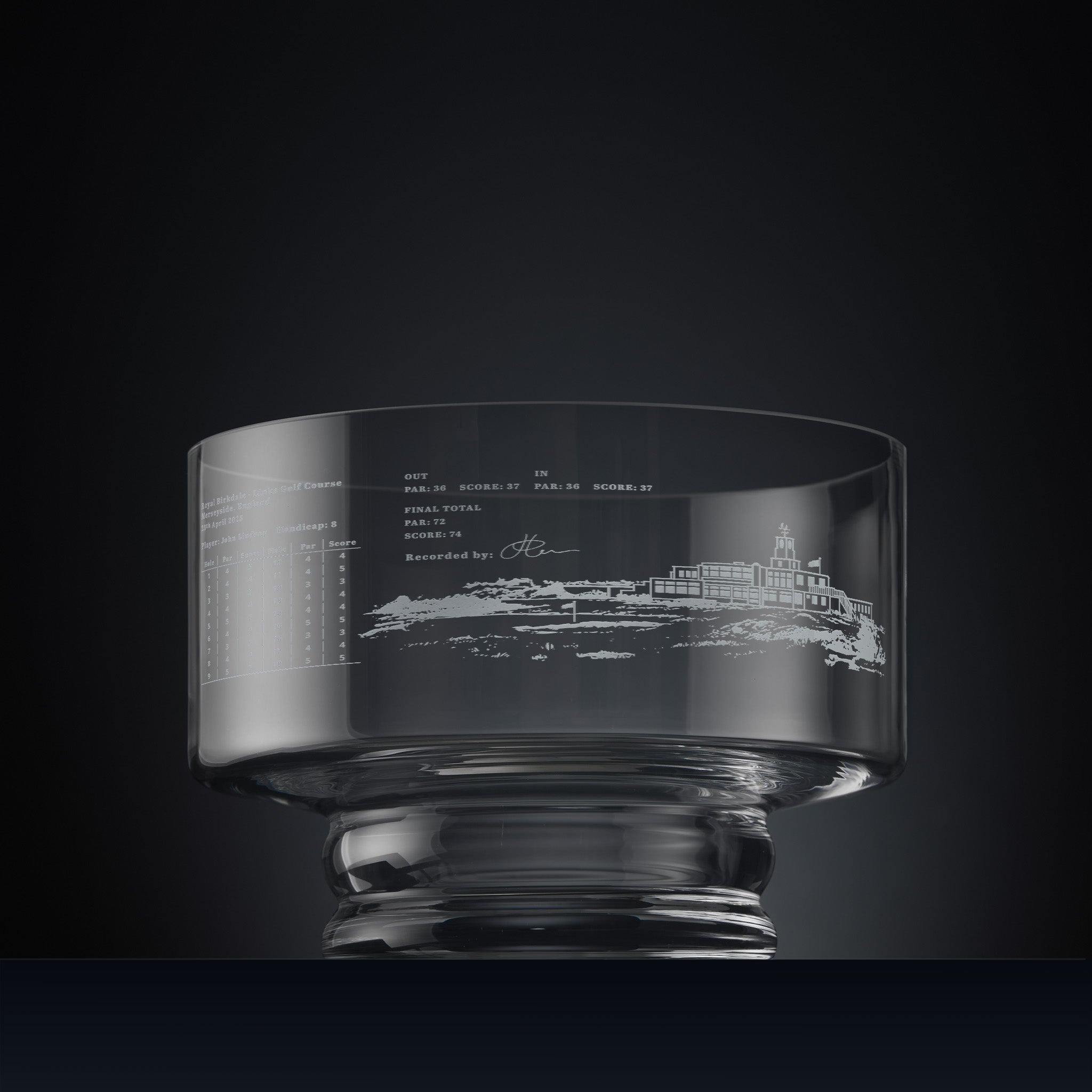 Engraved presentation bowl featuring a golf clubhouse and personalised scorecard