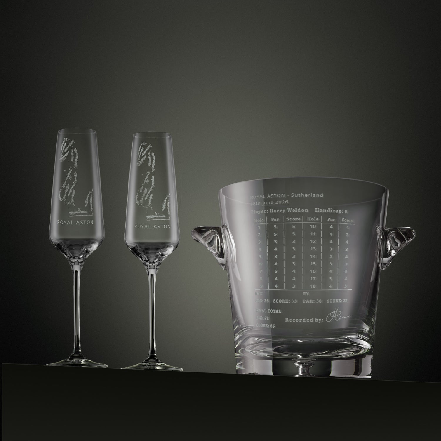 Engraved glass champagne cooler and matching champagne flutes featuring a golf course hole layout with personalised scorecard engraving.