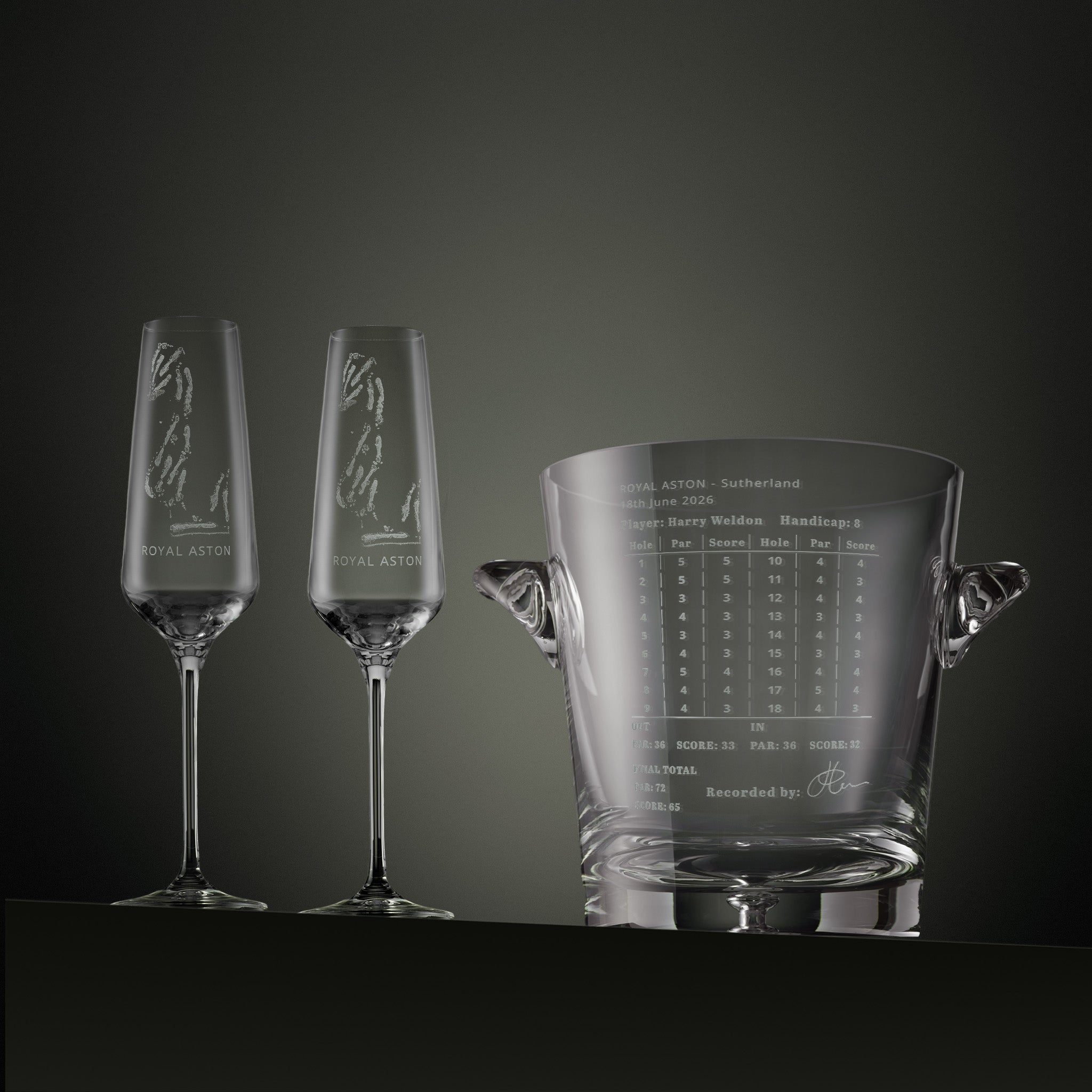 Engraved glass champagne cooler and matching champagne flutes featuring a golf course hole layout with personalised scorecard engraving.