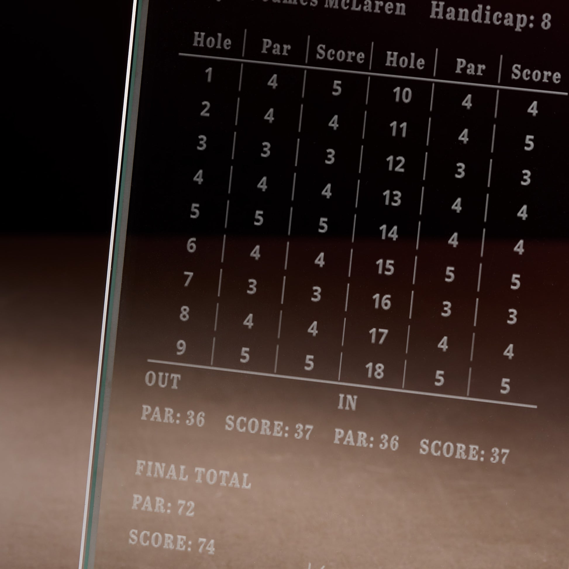 Scorecard with golf hole scores engraved on a glass display plaque
