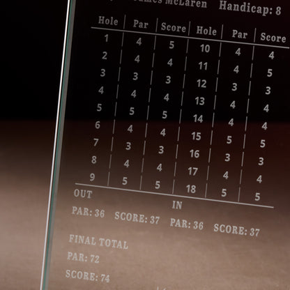 Scorecard with golf hole scores engraved on a glass display plaque