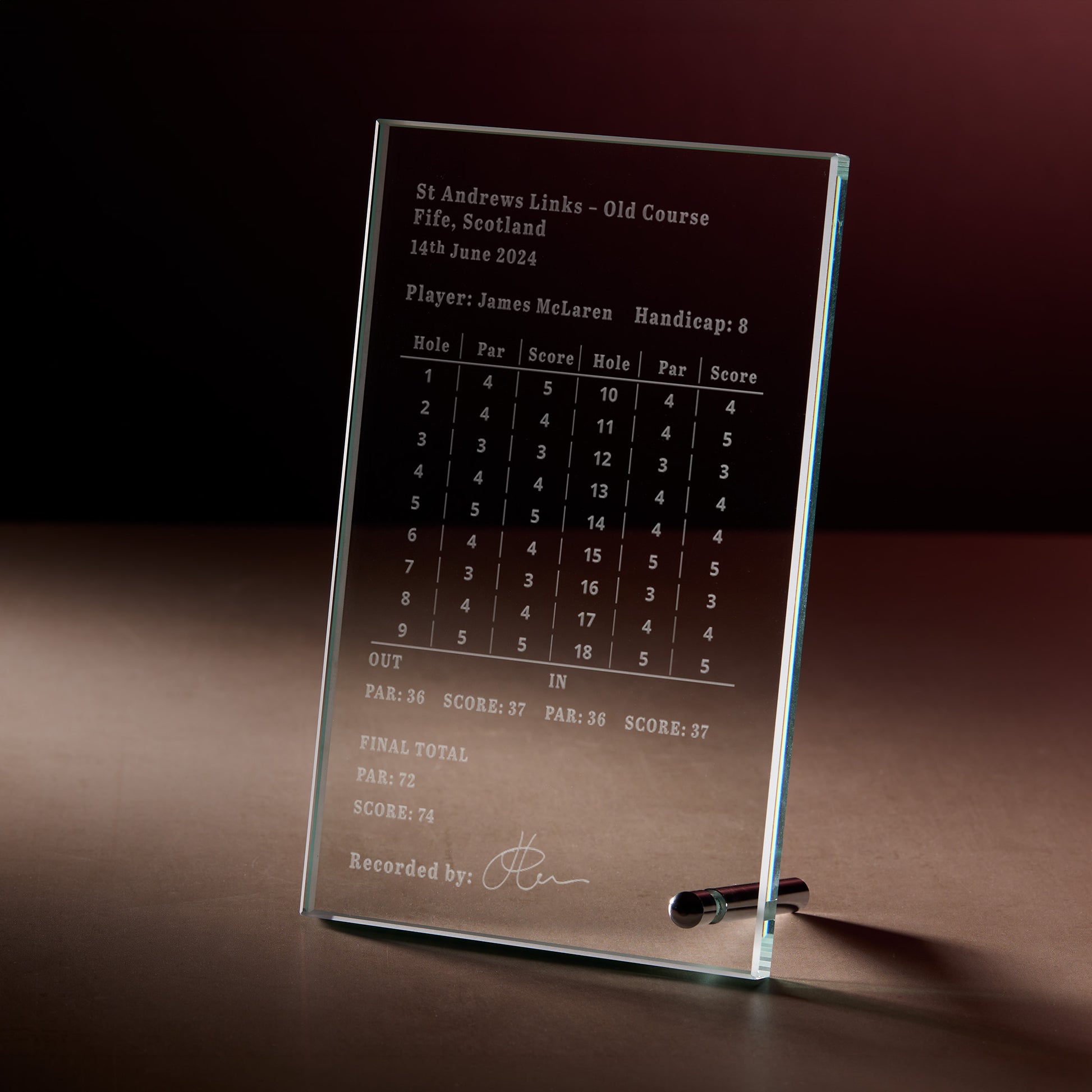 Engraved jade glass display plaque with golf scorecard and personalised text
