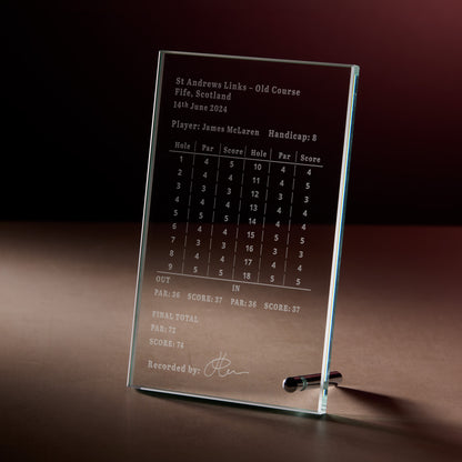 Engraved jade glass display plaque with golf scorecard and personalised text