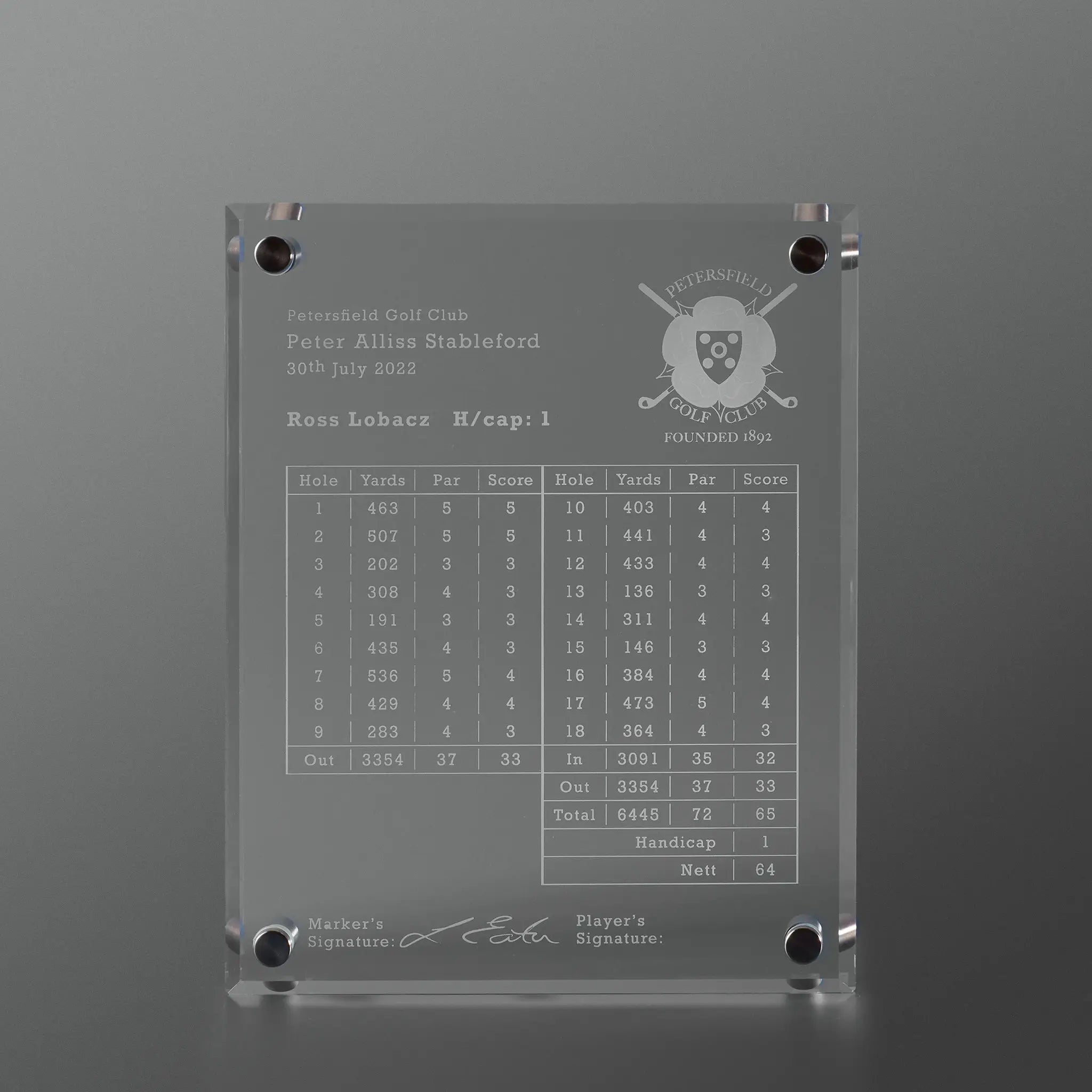A custom golf scorecard plaque engraved with player details, a golf club logo, and a golf course score table.
