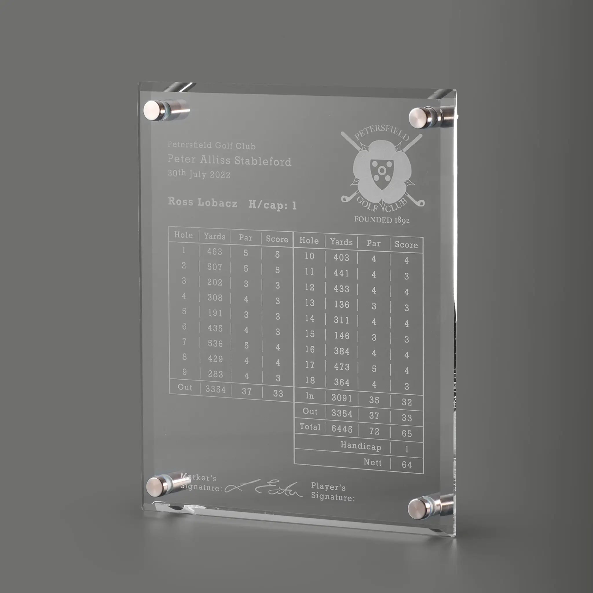 Engraved golf scorecard wall plaque with silver-toned corner brackets, featuring a golf course logo, player details, a scorecard table, and a signature line.