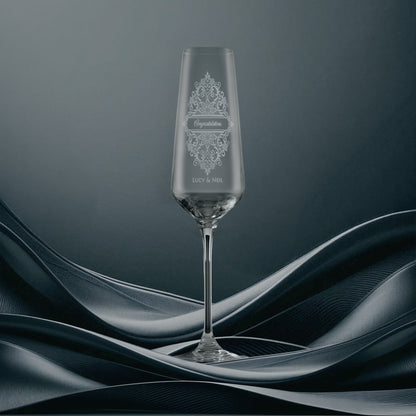 Engraved champagne flute with wedding lace design and personalised inscription