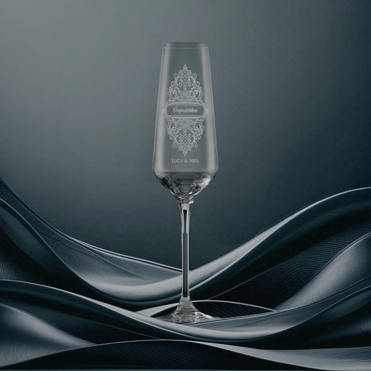 Engraved champagne flute with wedding lace design and personalised inscription