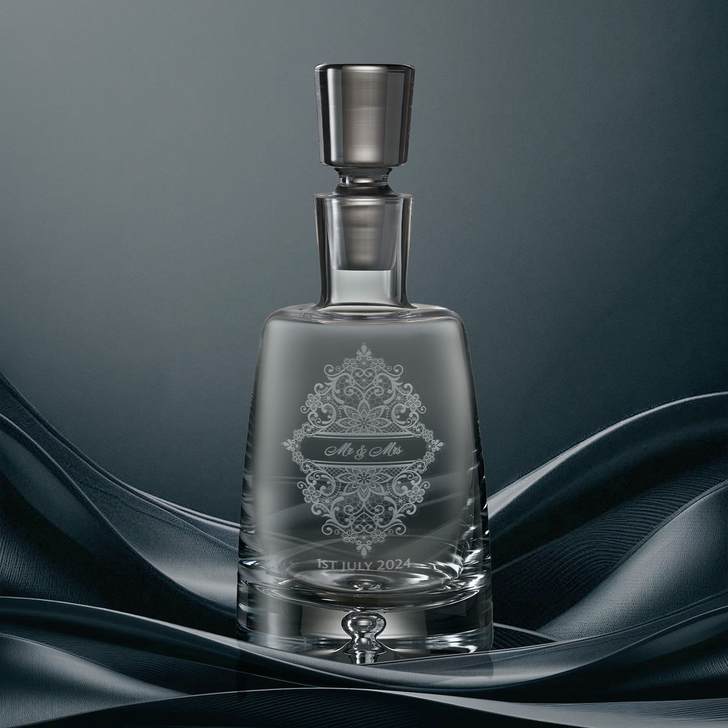 Engraved decanter featuring a floral lace design, Mr & Mrs and wedding date