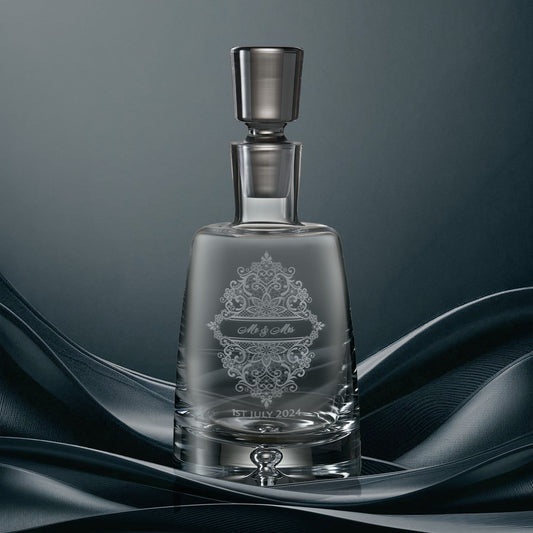 Engraved decanter featuring a floral lace design, Mr & Mrs and wedding date
