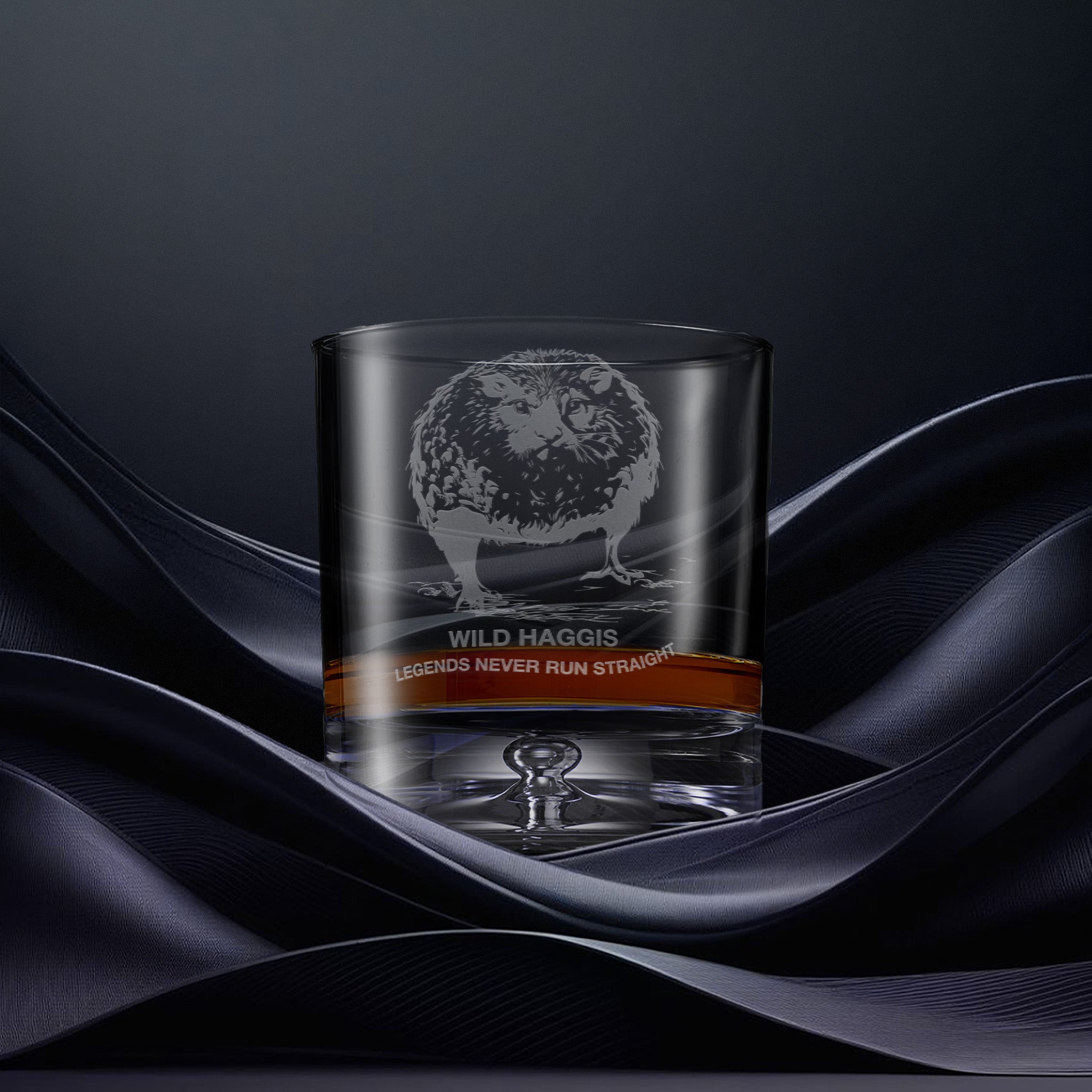 Engraved whisky glass with an  illustration of a haggis and the words legends never run straight