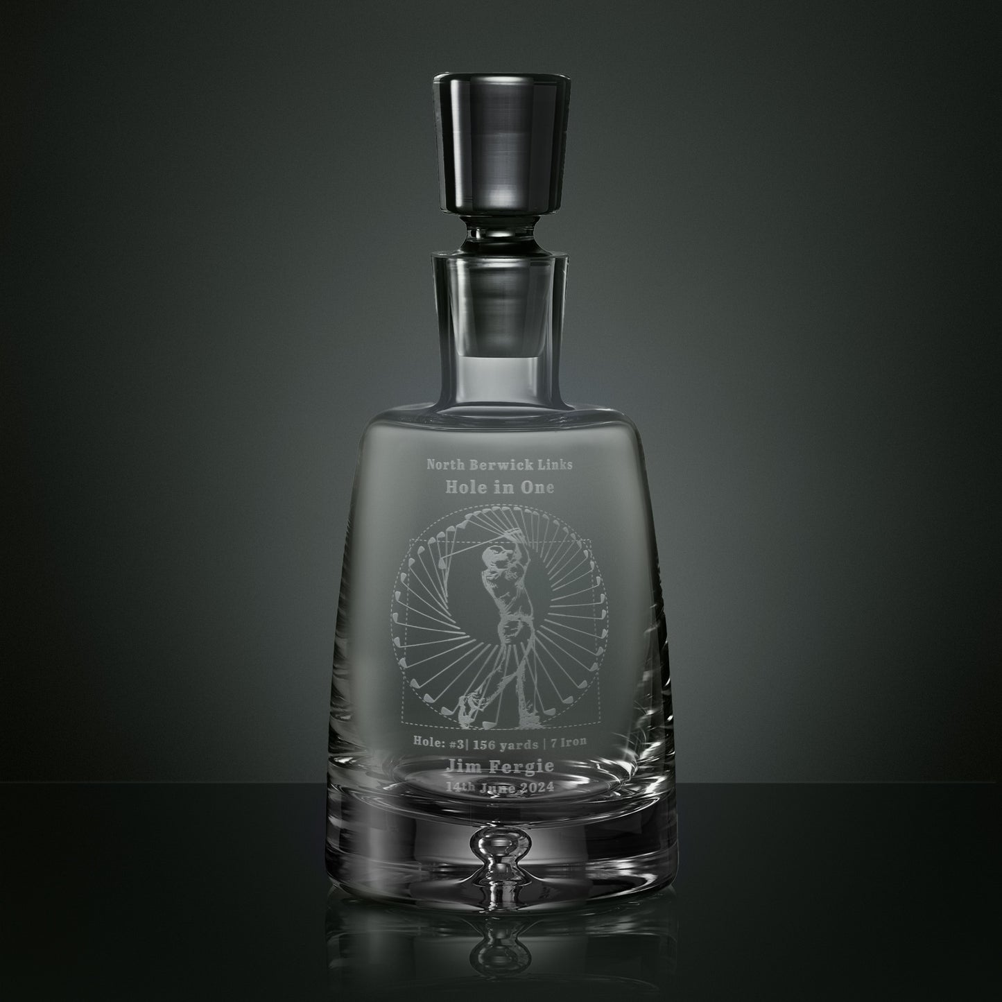 Crystal decanter engraved with the Perfect Swing golf design, personalised with course, hole number, yardage, club and date to commemorate a hole in one.