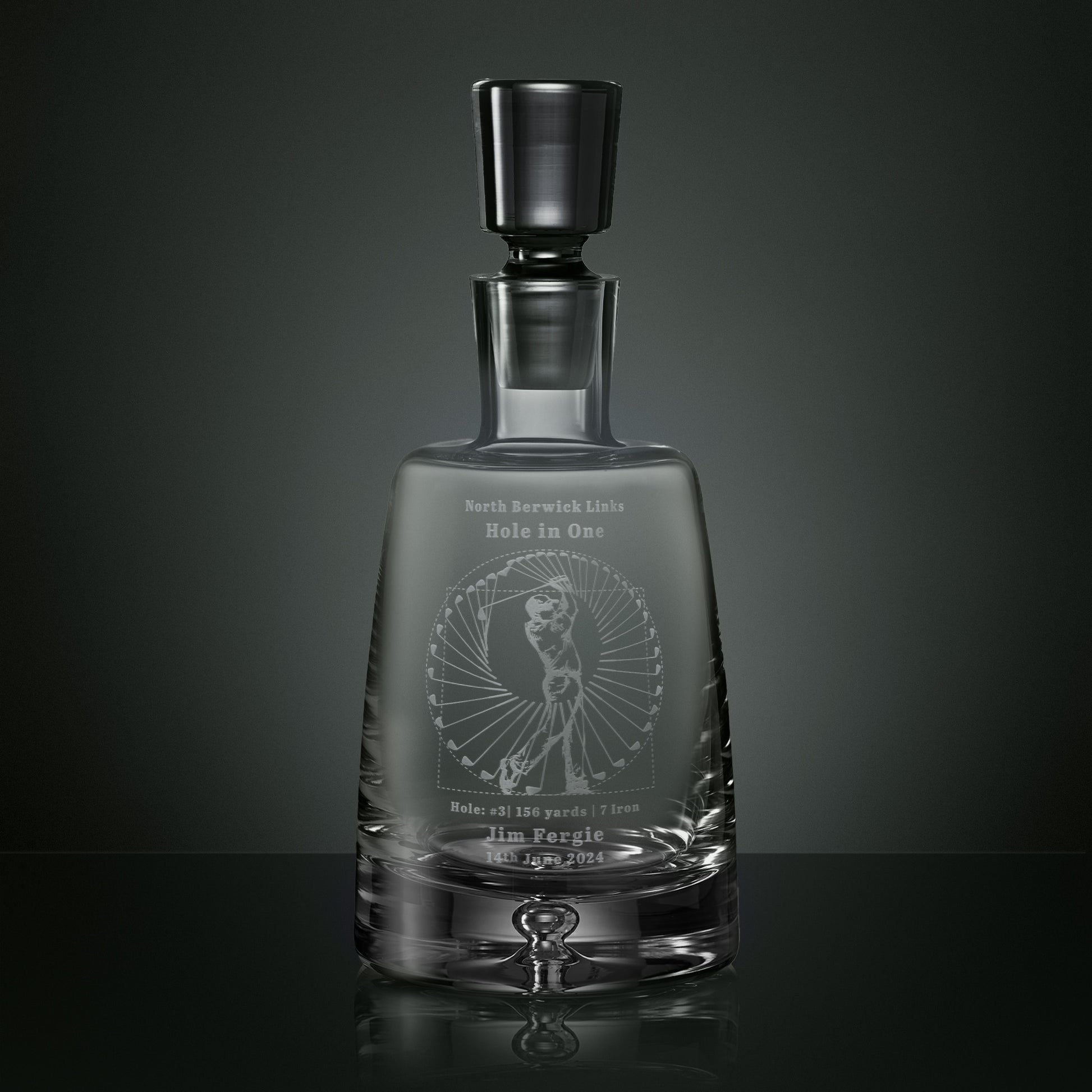 Crystal decanter engraved with the Perfect Swing golf design, personalised with course, hole number, yardage, club and date to commemorate a hole in one.