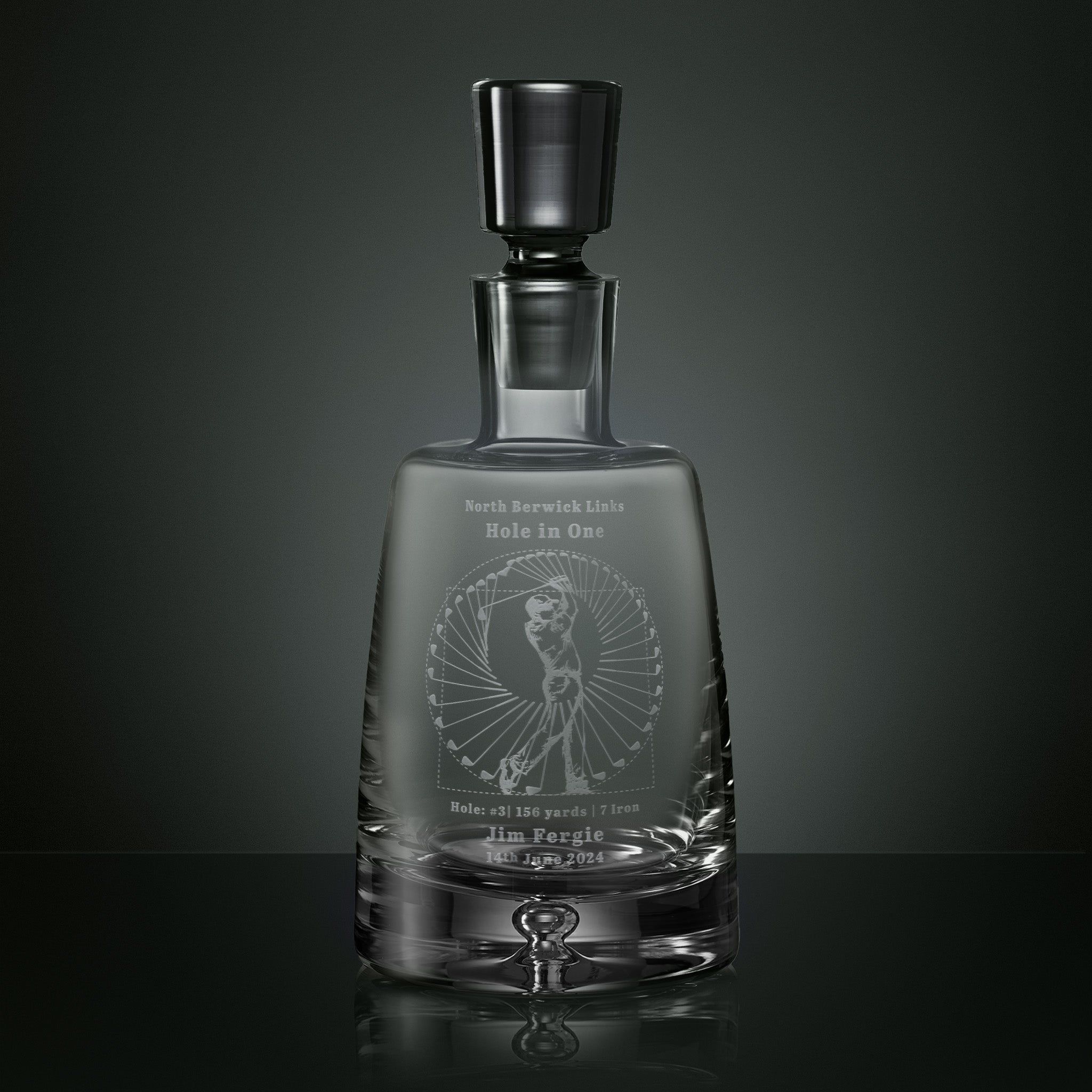 Crystal golf decanter engraved with the Perfect Swing design, personalised with course, hole number, yardage, club and date to commemorate a hole in one.