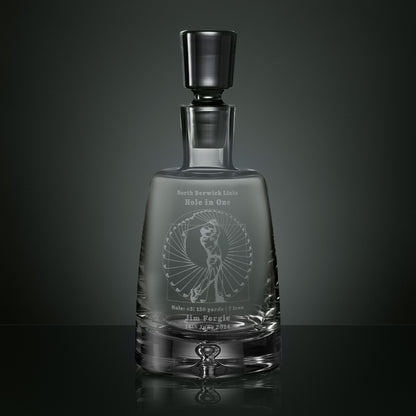 Crystal decanter engraved with the Perfect Swing golf design, personalised with course, hole number, yardage, club and date to commemorate a hole in one.