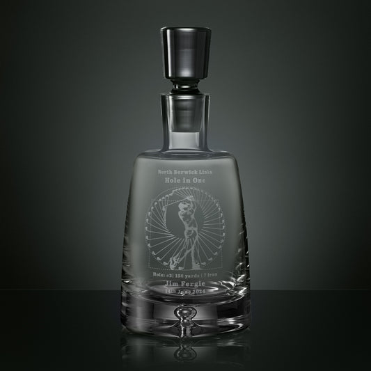 Crystal decanter engraved with the Perfect Swing golf design, personalised with course, hole number, yardage, club and date to commemorate a hole in one.