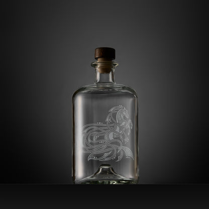 Celtic Knotwork decanter engraved with a horse, circles and flowing anamorphic design