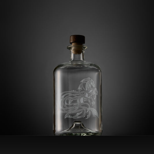 Celtic Knotwork decanter engraved with a horse, circles and flowing anamorphic design