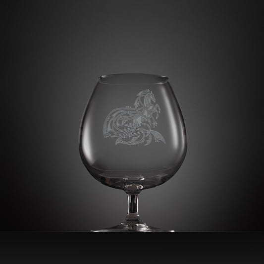 Engraved brandy glass with an  illustration of a horse entwined with Celtic knotwork