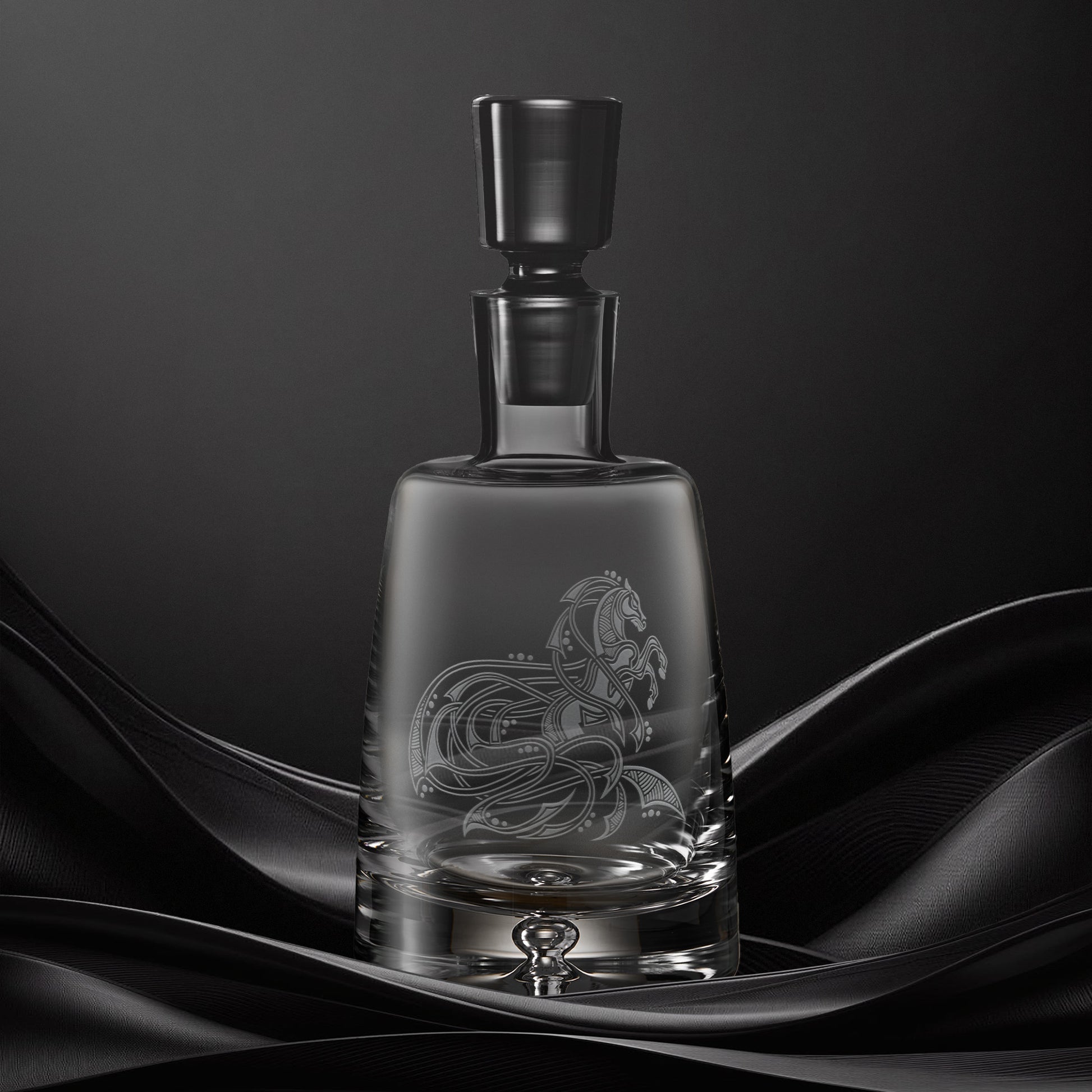 Engraved  spirit decanter with an  illustration of a horse with flowing Celtic knotwork