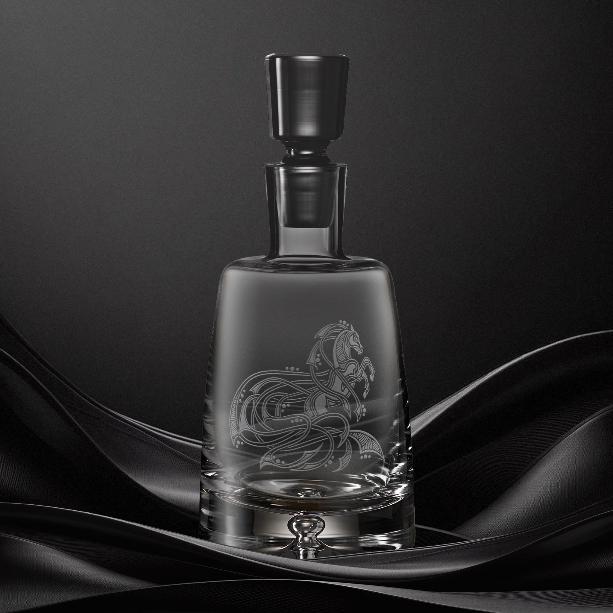 Engraved  spirit decanter with an  illustration of a horse with flowing Celtic knotwork