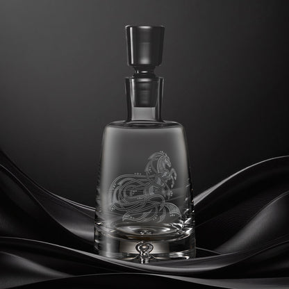 Engraved  spirit decanter with an  illustration of a horse with flowing Celtic knotwork