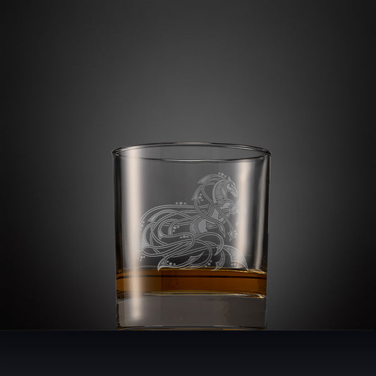 Engraved whisky glass with an  illustration of a horse with flowing Celtic knotwork