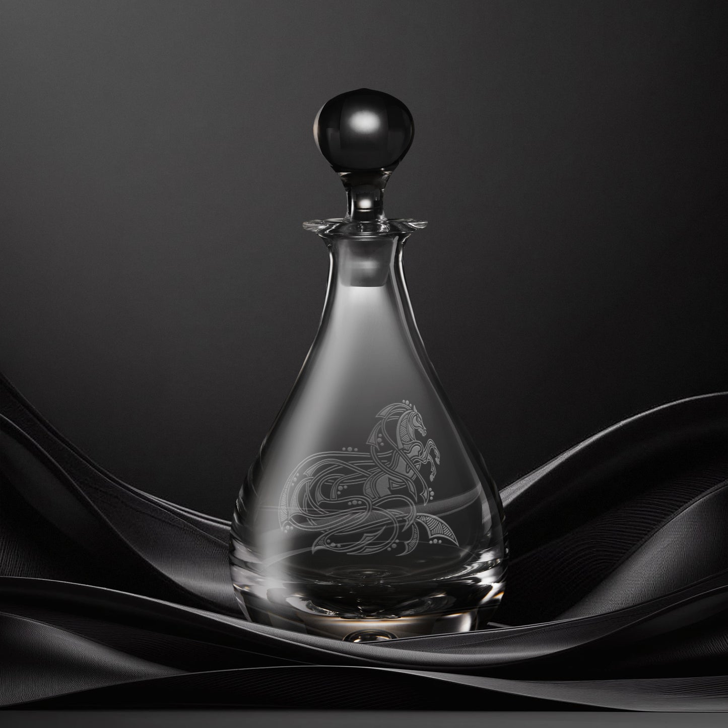Engraved wine decanter with an  illustration of a horse with flowing Celtic knotwork