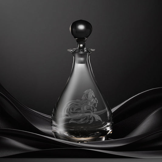 Engraved wine decanter with an  illustration of a horse with flowing Celtic knotwork