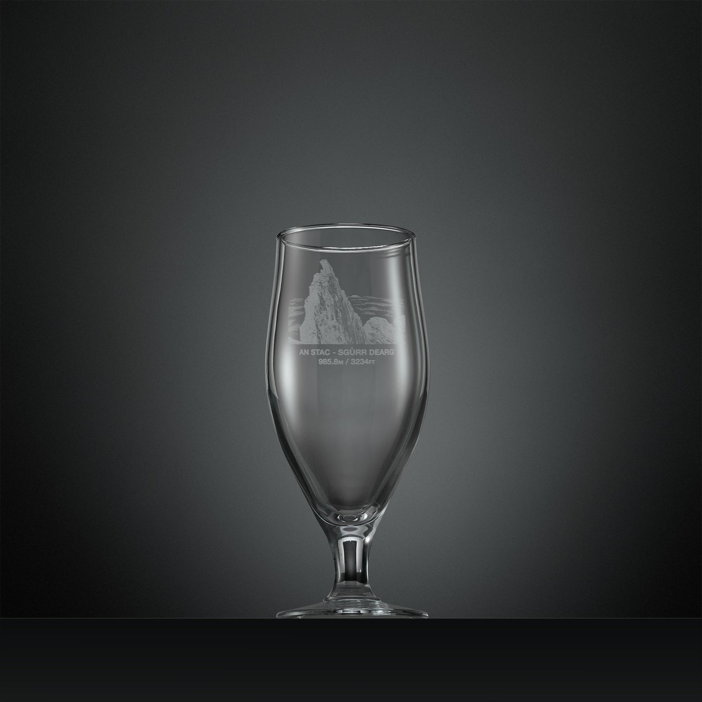 Engraved stemmed beer glass with Old Sgurr Dearg Inaccessible Pinnacle illustration