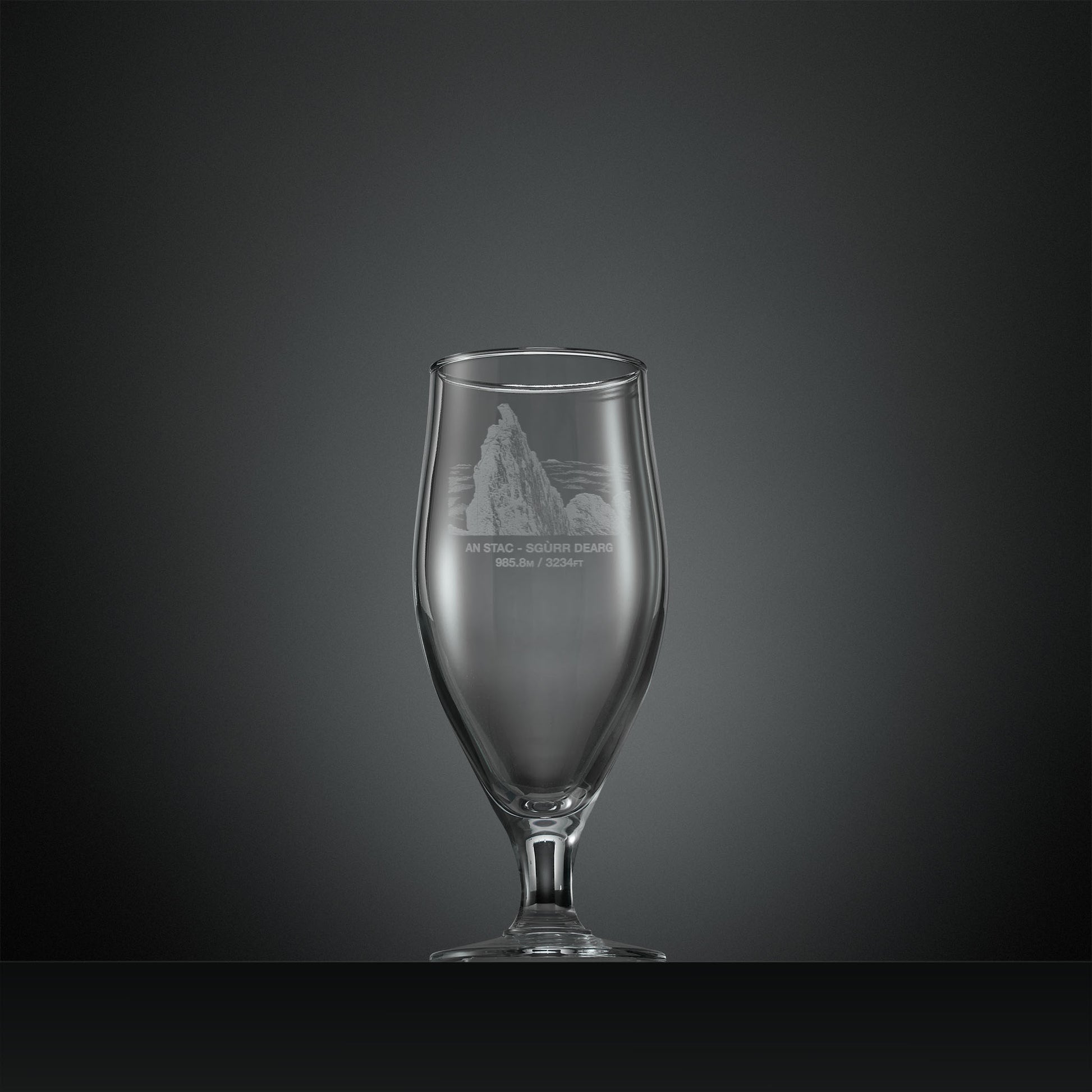 Engraved stemmed beer glass with Old Sgurr Dearg Inaccessible Pinnacle illustration