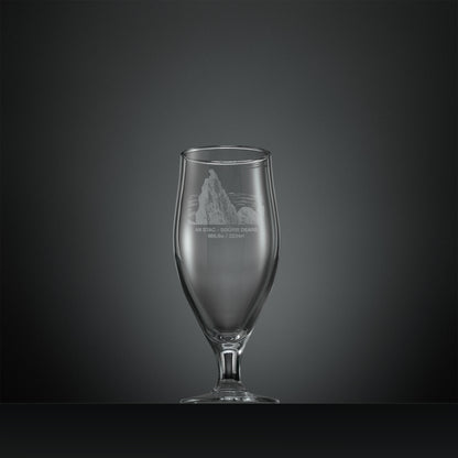 Engraved stemmed beer glass with Old Sgurr Dearg Inaccessible Pinnacle illustration