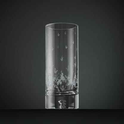 Engraved table vase with a blossom, butterflies and garden birds gathered in a garland design